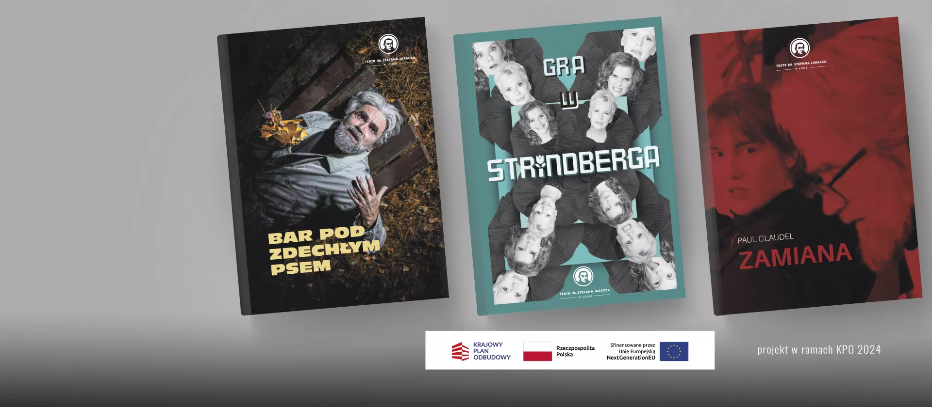 okładki programów teatralnych do spektakli Bar pod zdechłym psem, Gra w Strindberga i Zamiana i loga KPO