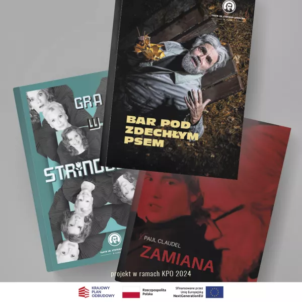 okładki programów teatralnych do spektakli Bar pod zdechłym psem, Gra w Strindberga i Zamiana i loga KPO