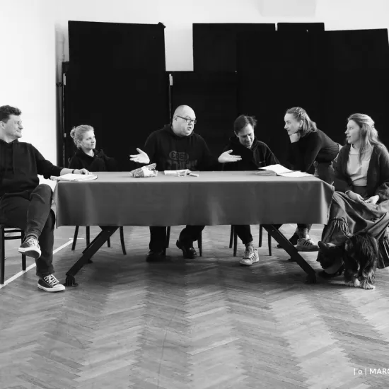 zdjęcie przedstawia próbę spektaklu „Świętoszek". Zostało zrobione na dużej sali prób w Teatrze Jaracza w Łodzi. Szóstka aktorów (od lewej: Marcin Włodarski, Sara Lityńska, Paweł Tucholski, Marek Nędza, Iwona Dróżdż, Matylda Paszczenko) siedzi przy stole przykrytym suknem. Wszyscy aktorzy patrzą na Pawła Tucholskiego, ten ma rozłożone ręce na boki, zgięte w łokciu. Iwona Dróżdż jako jedyna nie siedzi przy stole na krześle, a opieka się o niego łokciami. Zdjęcie jest czarno-białe.