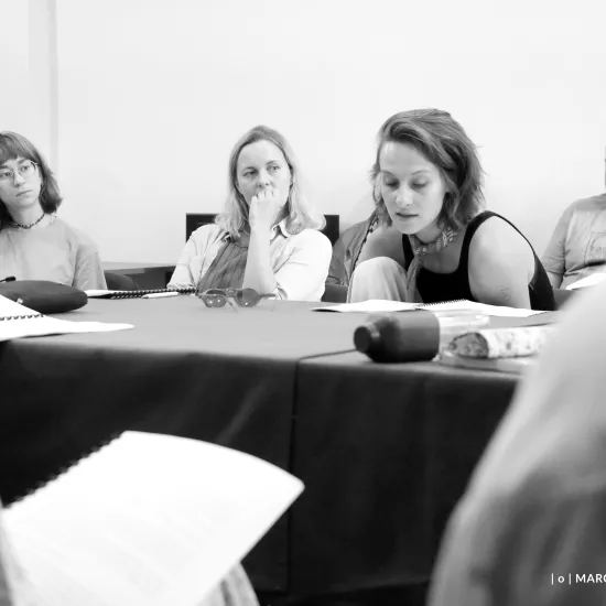 pierwsza próba spektaklu „Czas na wielki numer", na zdjęciu od lewej kompozytorka dźwięku Joanna Szczęsnowicz, Urszula Parol, Natalia Klepacka, fot. Marcin Nowak